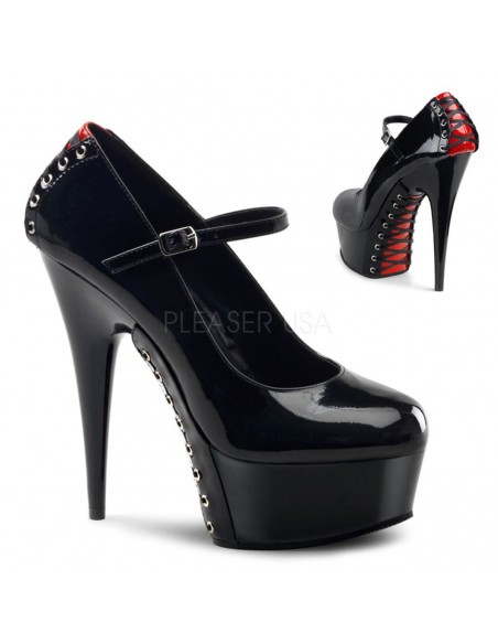 Sexi zapato de plataforma con trenzado negro y fondo rojo